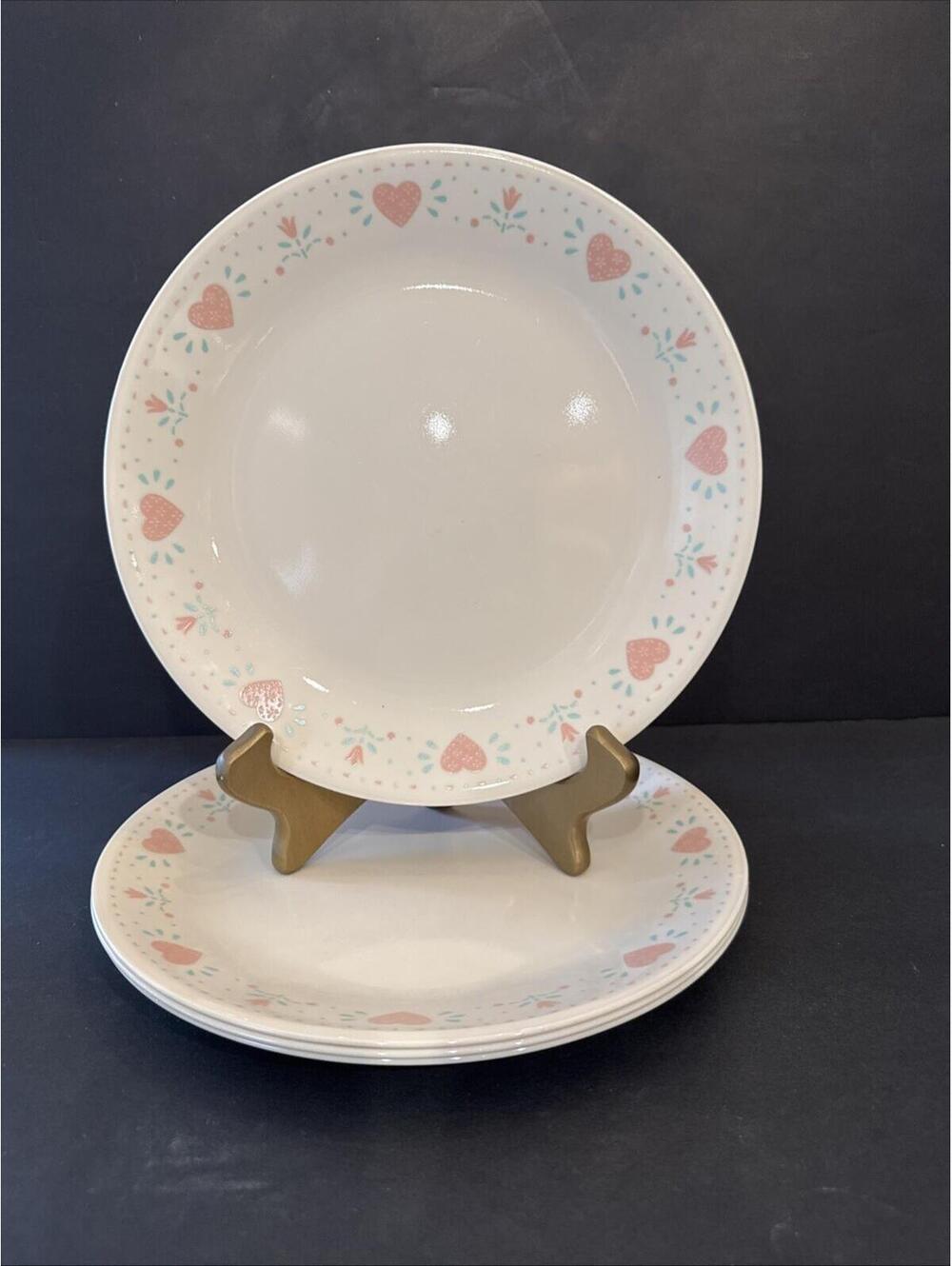 Set of 4 Corelle Corning Ware FOREVER YOURS Pink Heart 10.25" Dinner Plates